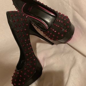 Glittery Black Heels w/ Metallic Pink Spikes